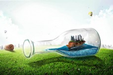 漂流瓶图片草地上的漂流瓶创意图片设计psd素材