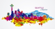 西雅图彩色手绘城市素材图片