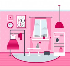 粉色女孩卧室设计矢量素材