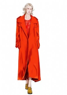 时尚橙色长大衣女装效果图