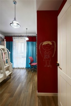 现代可爱风格卧室深红色花纹背景墙室内装修