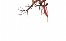 树枝挂红丝带插画png元素