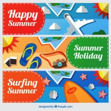 夏日元素的平面旅游旗帜