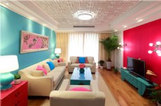 现代室内现代时尚客厅色彩鲜艳背景墙室内装修图