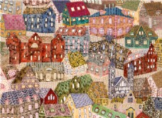 童趣彩色城市街景壁纸图案