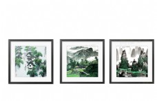 中国风绿色挂画水墨山水装饰元素