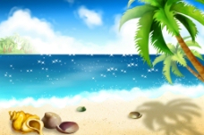 情人岛手绘卡通沙滩椰树风景插画图片
