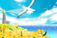 春季手绘卡通海鸥灯塔风景插画图片