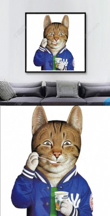 方图穿棒球服的猫咪客厅装饰画