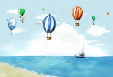 春季手绘卡通热气球海洋风景插画图片