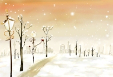 梦幻风景手绘梦幻城市郊外雪景风景插画图片