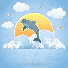 海浪里的海豚插画