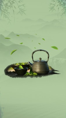 茶杯水墨中国风茶文化背景设计