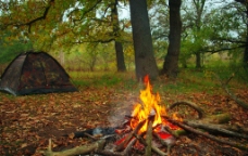 湖边露营帐篷与篝火图片