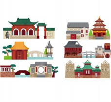 中国风格古代小镇古镇建筑塔桥png素材