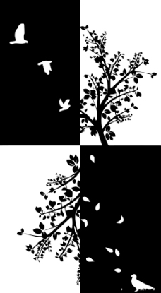 植物风景黑白装饰画装饰画风景植物动物底稿黑稿墙画鸟四格装饰画
