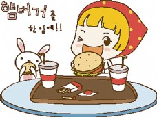 孩子吃汉堡的小女孩和小兔子