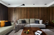 室内背景现代时尚轻奢客厅深色木制背景墙室内装修图