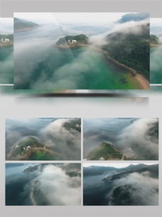 烟雾缭绕半空拍摄半山别墅湖水山景景色自然