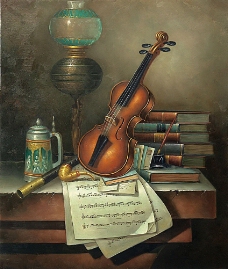 无框画书架里的小提琴图片