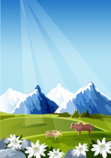远山矢量手绘创意草原畜牧牛奶背景