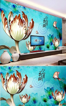 沙发背景墙高清手绘梦幻花卉背景墙图片