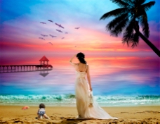 紫色蓝色天空大海女人背影孩子沙滩椰树