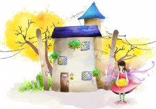 房子树木与小女孩插画PSD分层素材