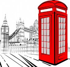 时尚手绘红色电话亭和建筑