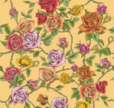 黄色背景彩绘复古玫瑰花丛背景