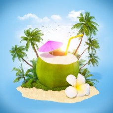 度假沙滩上的椰子果汁背景