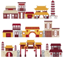 设计素材：多款可爱复古风格中国古建筑矢量