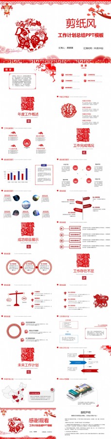 中国红年度工作概述剪纸风计划总结PPT模板