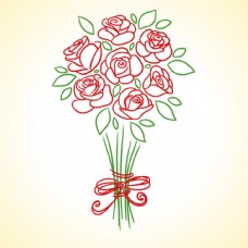 玫红色玫瑰线条画一束玫瑰