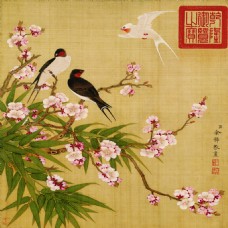 新中式复古装饰画无框画余挚花鸟图