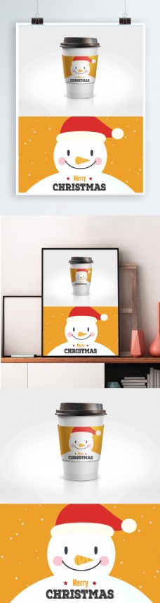 黄色圣诞雪人节日咖啡杯套设计