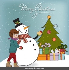 圣诞女孩圣诞卡片上有一个女孩和雪人