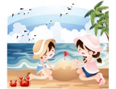 夏日童话好朋友海边堆沙子