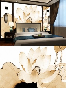 中式水墨国画单色荷花卧室背景墙