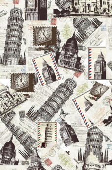 古典图案古典建筑邮票图案四方连续无缝连