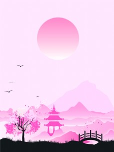 矢量中国风粉红色风景背景