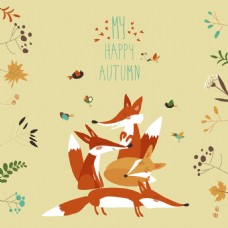 矢量秋天树叶可爱的狐狸和植物
