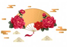 中国新年中国风新年金色祥云牡丹花扇子装饰图案
