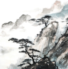 水墨松树高山云层图图片