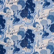 树木日式画风蓝色花纹壁纸图案