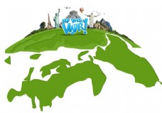 世界建筑卡通绿色地球世界名胜地标建筑png元素