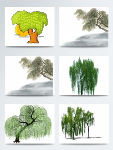 发芽中国风柳树手绘画图案
