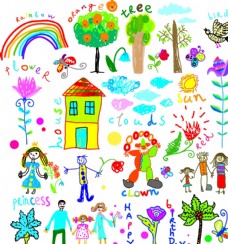 儿童画 植物 小孩 彩色