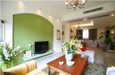 欧式花纹背景欧式客厅绿色电视背景墙装修效果图