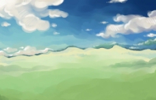 手绘风景之蓝天白云草场图片